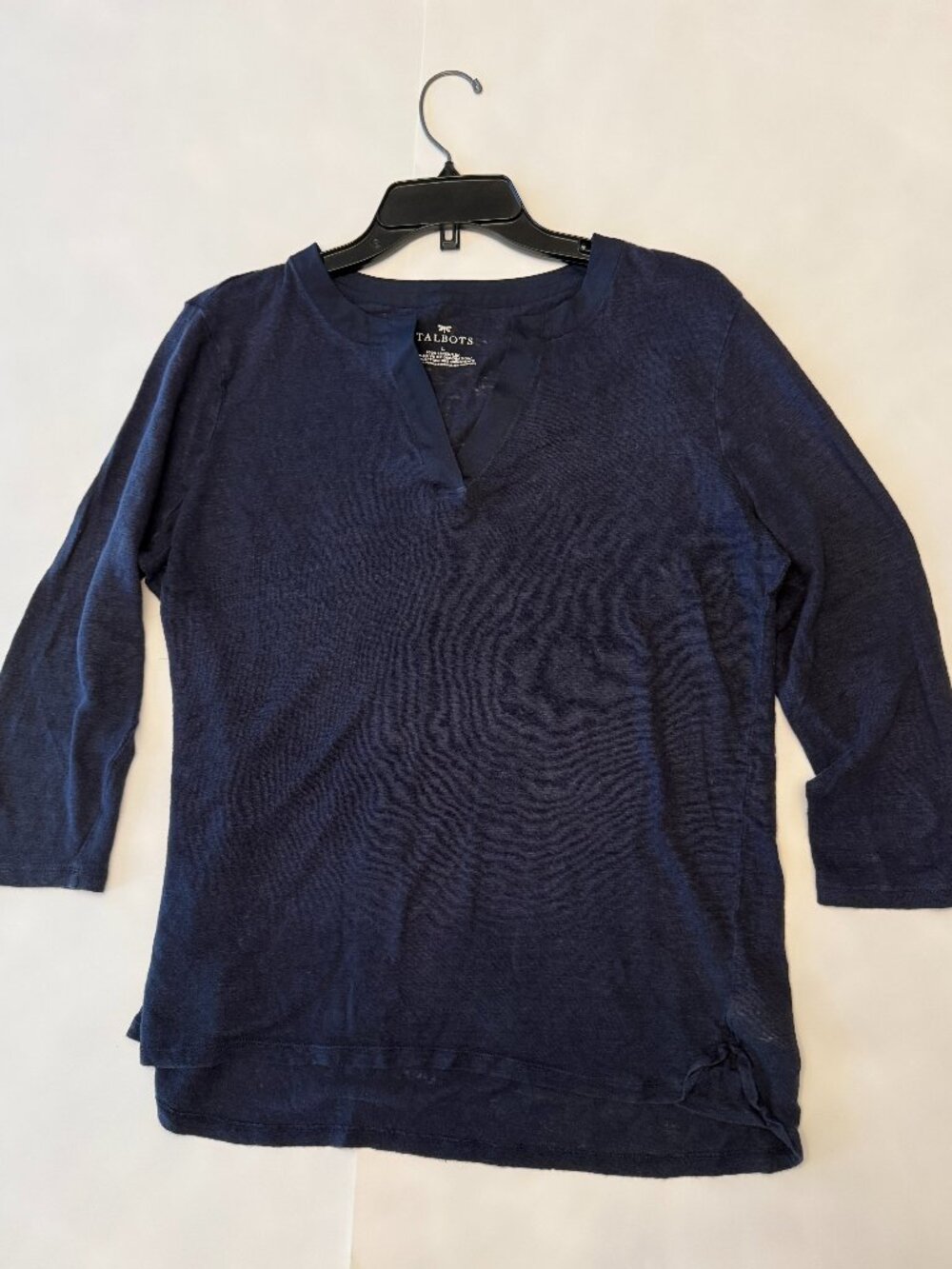 Talbots 100% Linen Navy Blue Split-Neck Tunic Top Size L